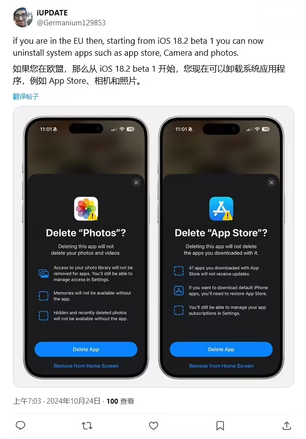 广南苹果手机维修分享iOS 18.2 支持删除 App Store 应用商店 